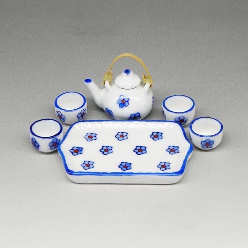 Miniature Teaware Set Model For Children And Collectors With Blue White Porcelain Teapot Cup Tray Doll House Furniture