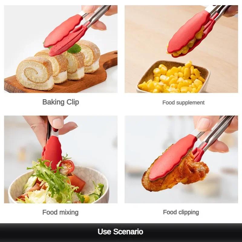 Silicone BBQ Grilling Tong Kitchen Cooking Salad Bread Serving Tong Non-Stick Barbecue Clip Clamp Stainless Steel Tools Gadgets