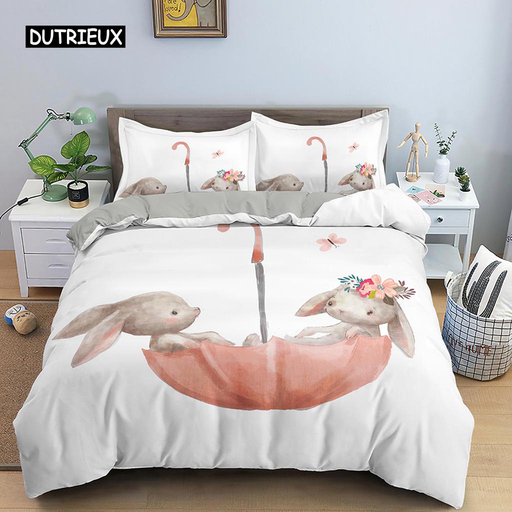 Cartoon Rabbit Bunny Bedding Set for Kids Girl Women Polyester Duvet Cover Quilt Cover with Pillowcase Polyester Comforter Cover