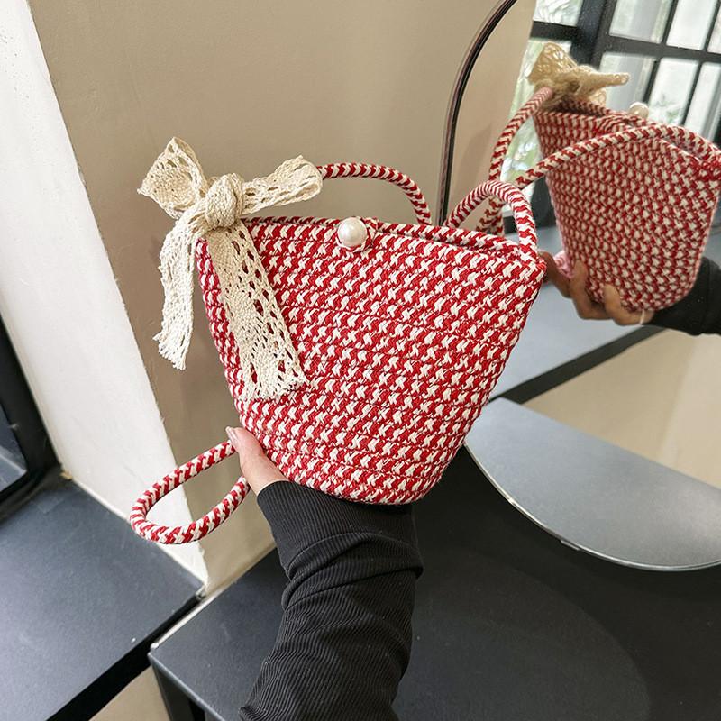 Elegant Soft Woven Bucket Bag For Women Casual Summer Style Shoulder Handbag In Khaki Red And Colorful