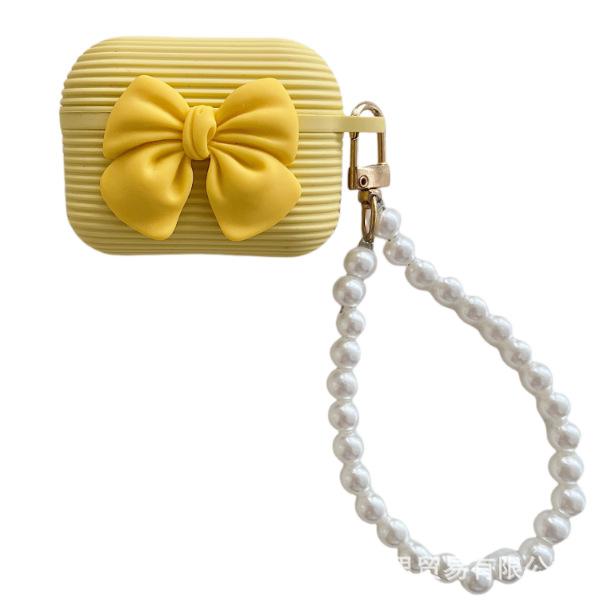 New Apple Earphone Case Horizontal Strip Silicone Bow + Hand Bead Rope AirPods Girl Bow Earphone Cover