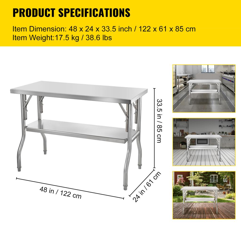 SucceBuy Folding Commercial Prep Table Commercial Worktable Workstation with Undershelf Folding Table for Home Kitchen