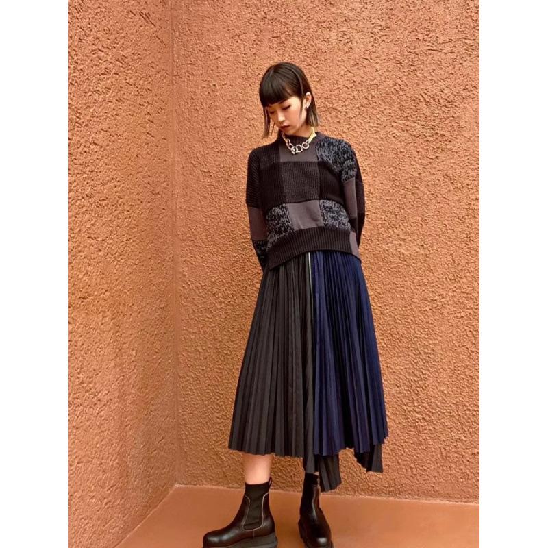 FOG SACAI SS23 Striped Patchwork Zipper Midi Skirt - Casual Pleated Design