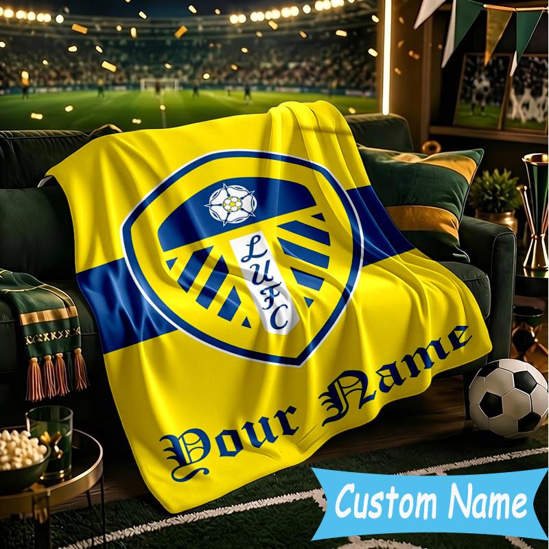 Custom Name Leeds United Crest Design Flannel Blanket, Use for Birthday/Holiday Gift, Soft Blanket for Sofa/Bed/Camping/Office, Home Decor