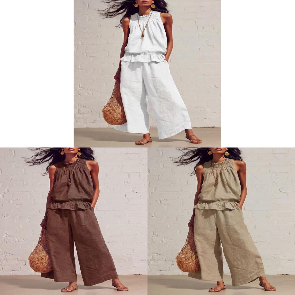 Bohemian Style Womens Sleeveless Twopiece Set With Polyester Fabric For Casual Summer Wear