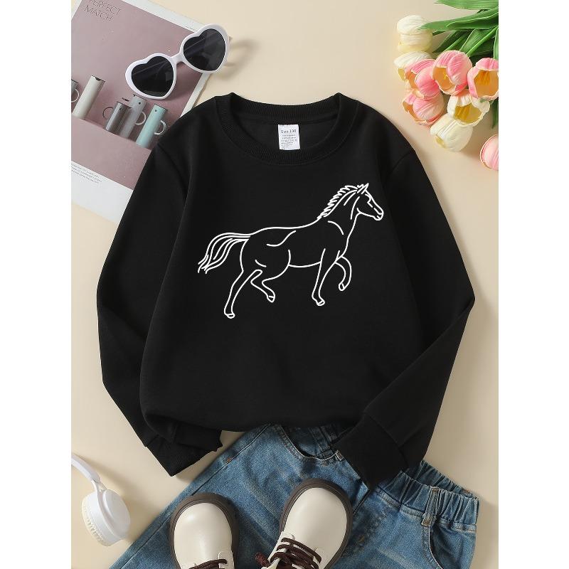 White Horse Outline Design | 2026 New Girls' Long-Sleeve Casual Crewneck Sweatshirt | Suitable For Outdoor Sports And Everyday Wear