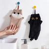 Wall-Mounted Black Cat Coral Fleece Hand Towel - Thick, Absorbent, Cute for Kitchen, Bathroom, Kids' Spaces.
