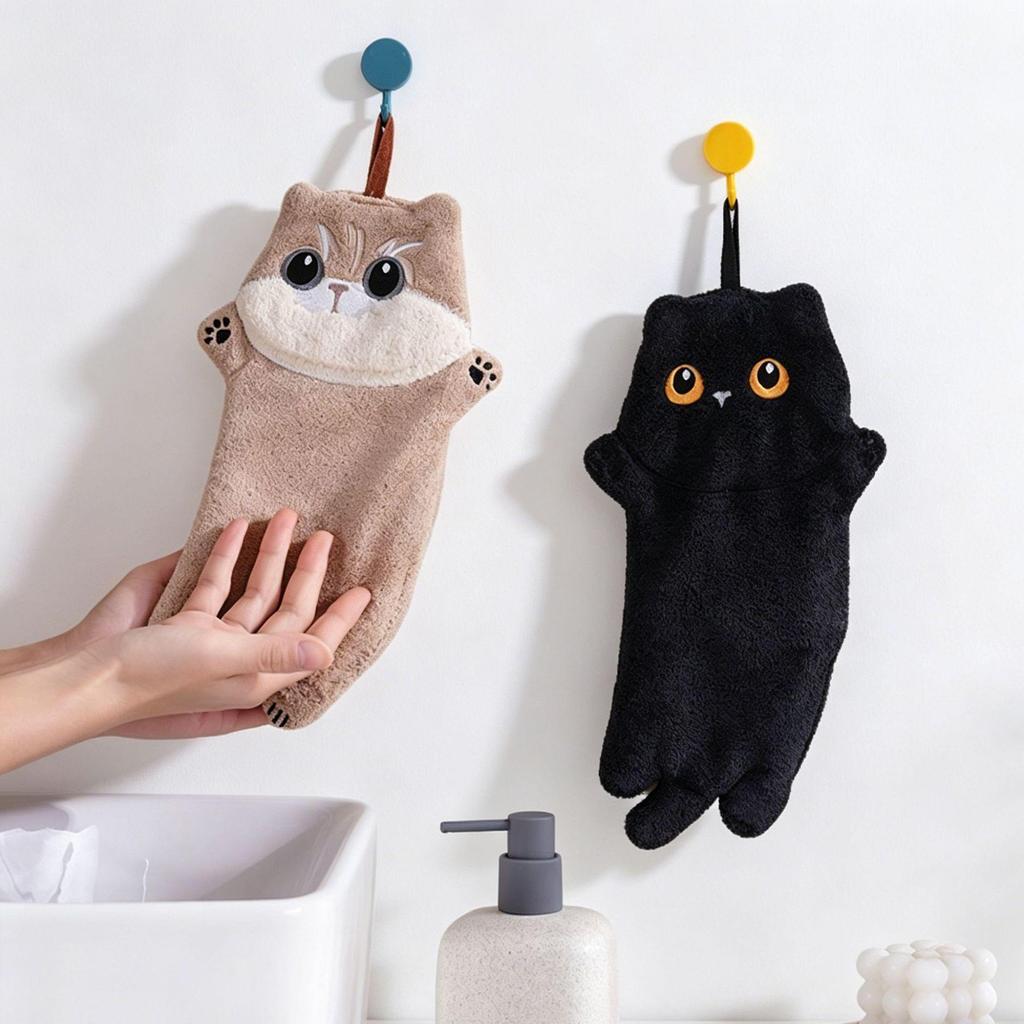 Wall-Mounted Black Cat Coral Fleece Hand Towel - Thick, Absorbent, Cute for Kitchen, Bathroom, Kids' Spaces.