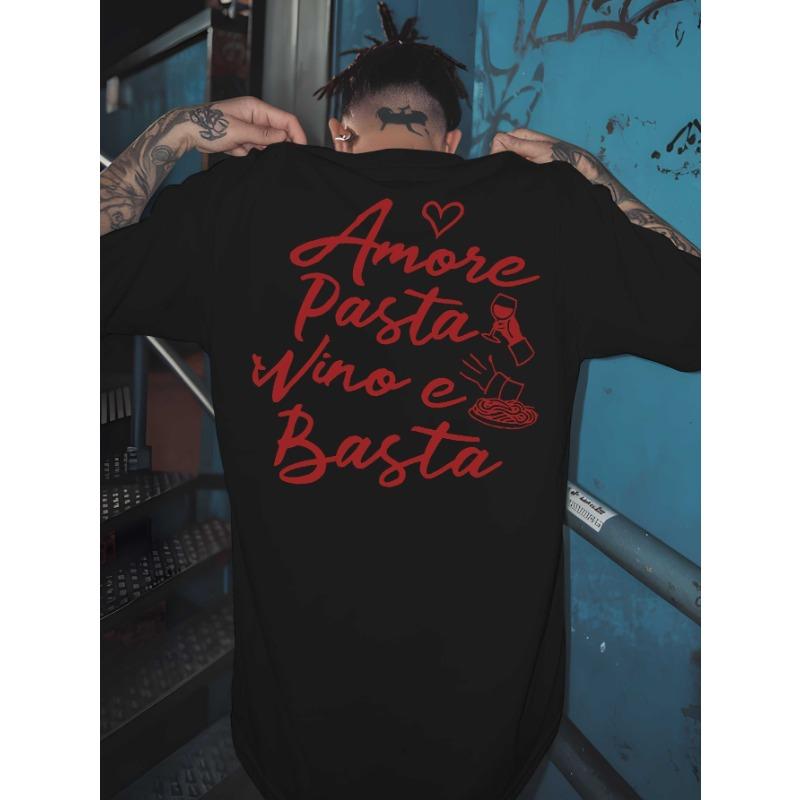 

European sizes Men S Graphic Back Print T-Shirt Black with Red Italian Food & Wine Design, Crewneck Short Sleeve Casual Tee 4XL чорний