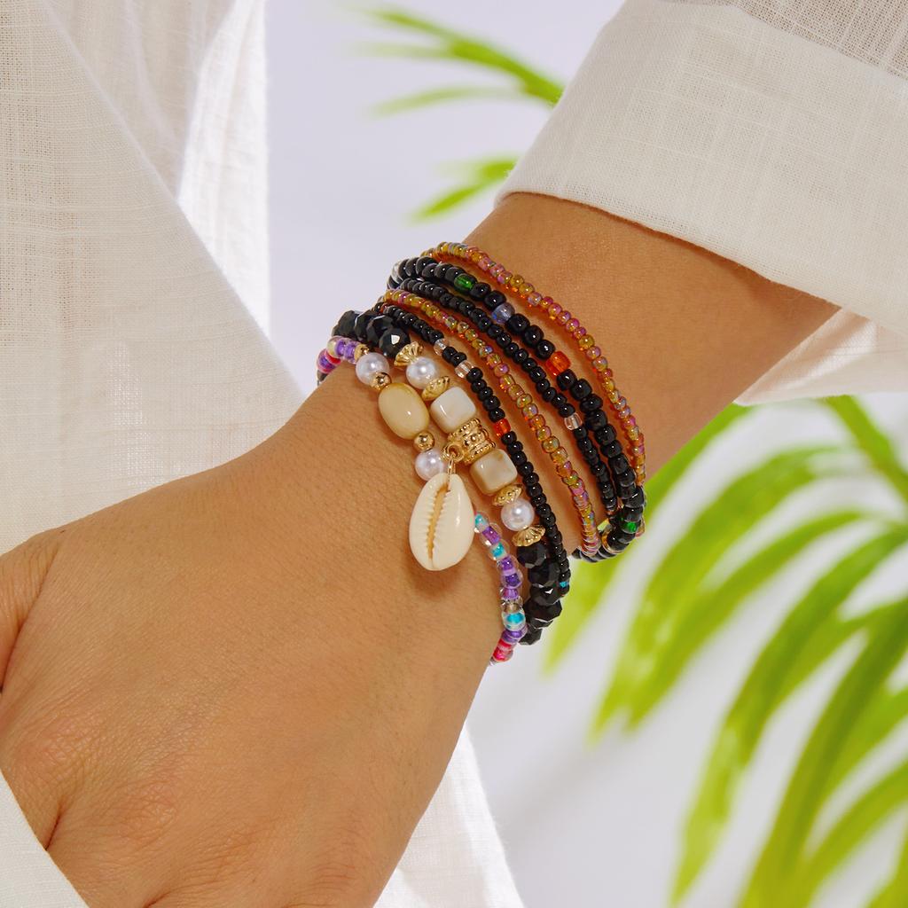 Bohemian Shell Set Bracelet Pendant Versatile Niche Design Women's Rice Bead Multi-layer Elastic Bracelet