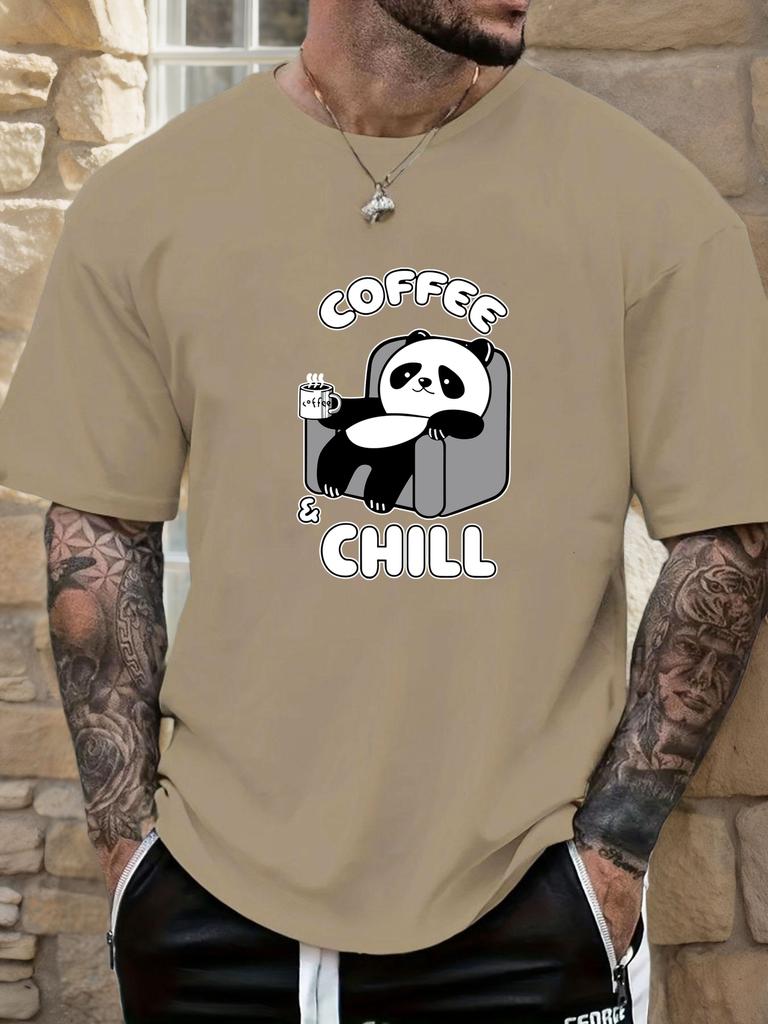 Mens Casual Tshirt Panda Coffee  Chill Print Short Sleeve Round Neck Breathable Soft Oversized Daily Wear Tee