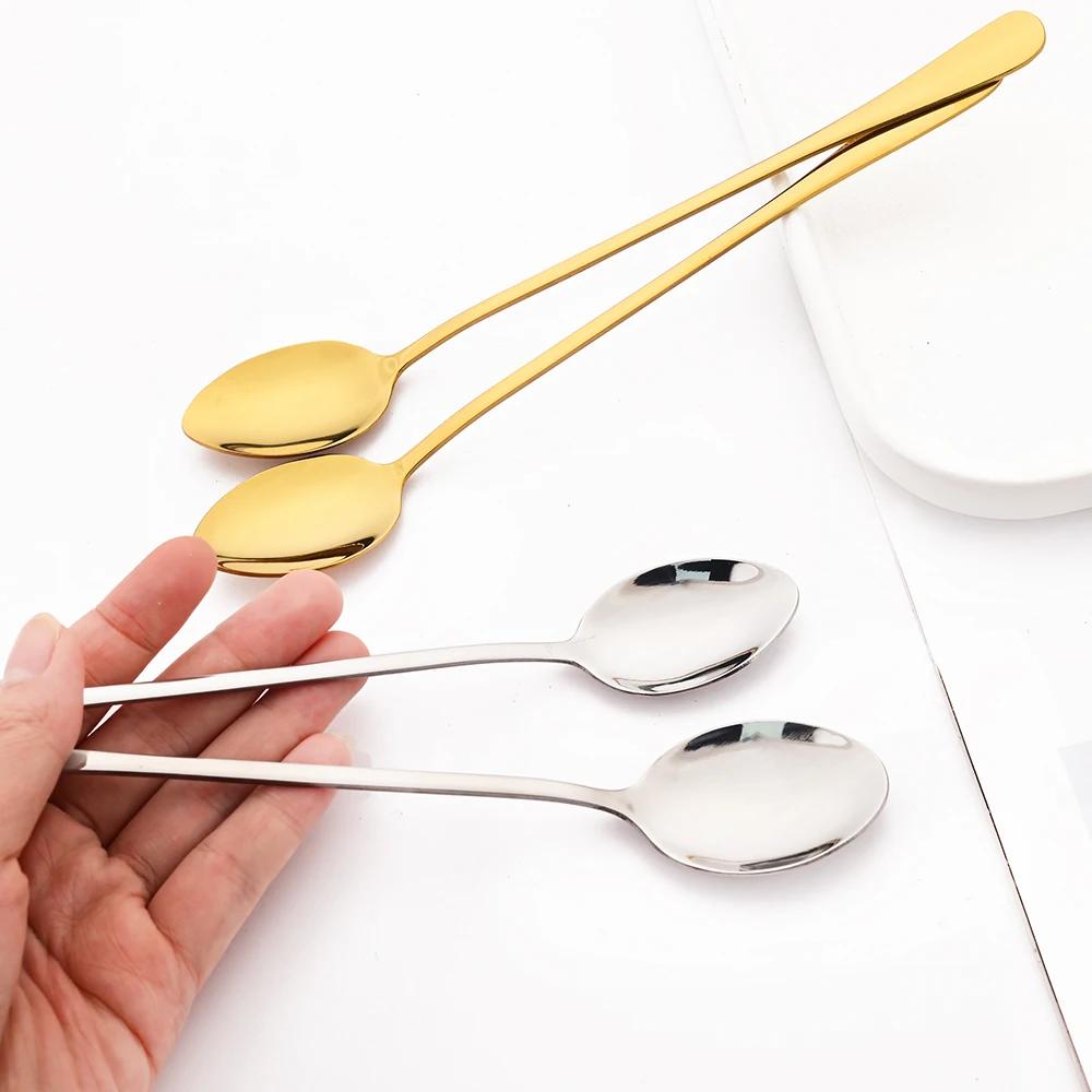 10Pcs Black Coffee Spoon Eco-Friendly Stainless Steel  Tea Stir Spoon Tableware Long Handle Ice Cream Dessert Spoons Kitchen Supplies