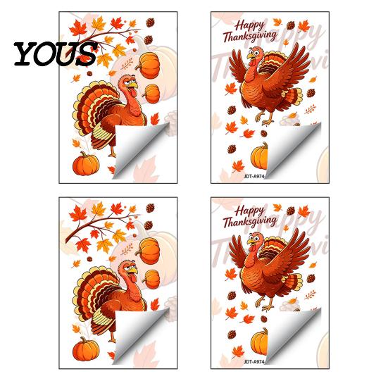 Seasonal Home Party Decorations Thanksgiving Static Window Clings, Cartoon Double Turkey Pumpkin Maple Leaf No?Glue Stickers Glass Decals,