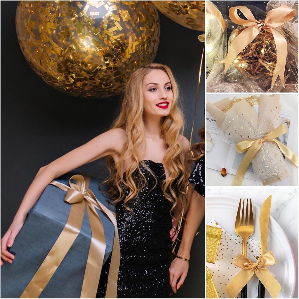 Cinta Dorada, 40 mm x 44 Metros(50 Yardas) Cinta Ancha, Cintas Gruesas de Satén Dorado para Envolver Regalos, Lazo para el Cabello, Floristería, Manualidades, Costura, Coche (22M/Rollo)