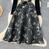 French Style Velour Luxury Dress V Neck Long Sleeve Sashes Splice Jacquard Autumn Women Floral Print  Party Maxi Dress