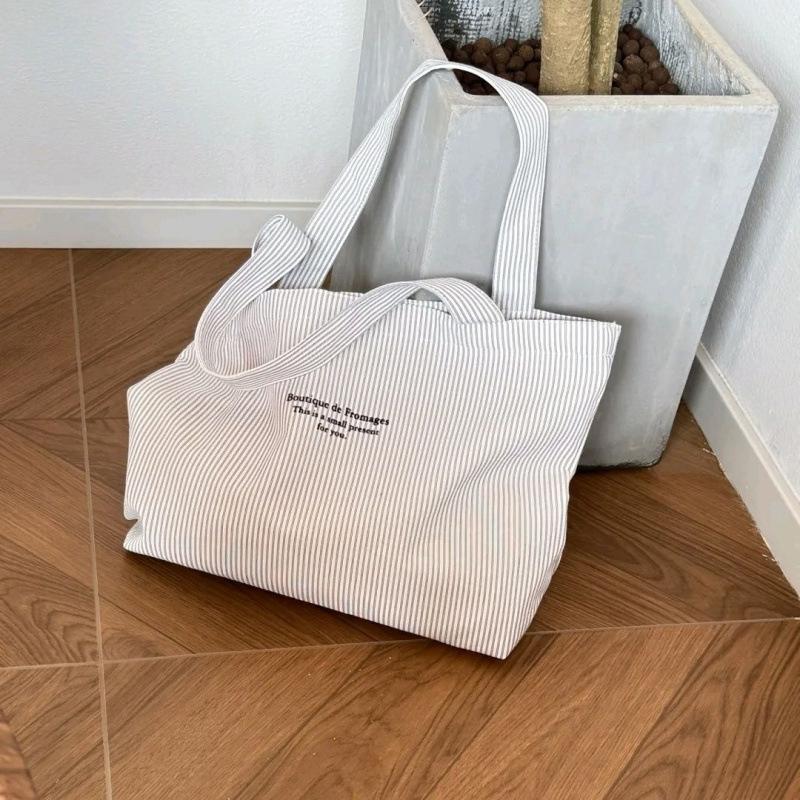 Women Shoulder Bags Casual Simple Striped All-Match Chic Commuting Korean Style Canvas Large Capacity Shopping College