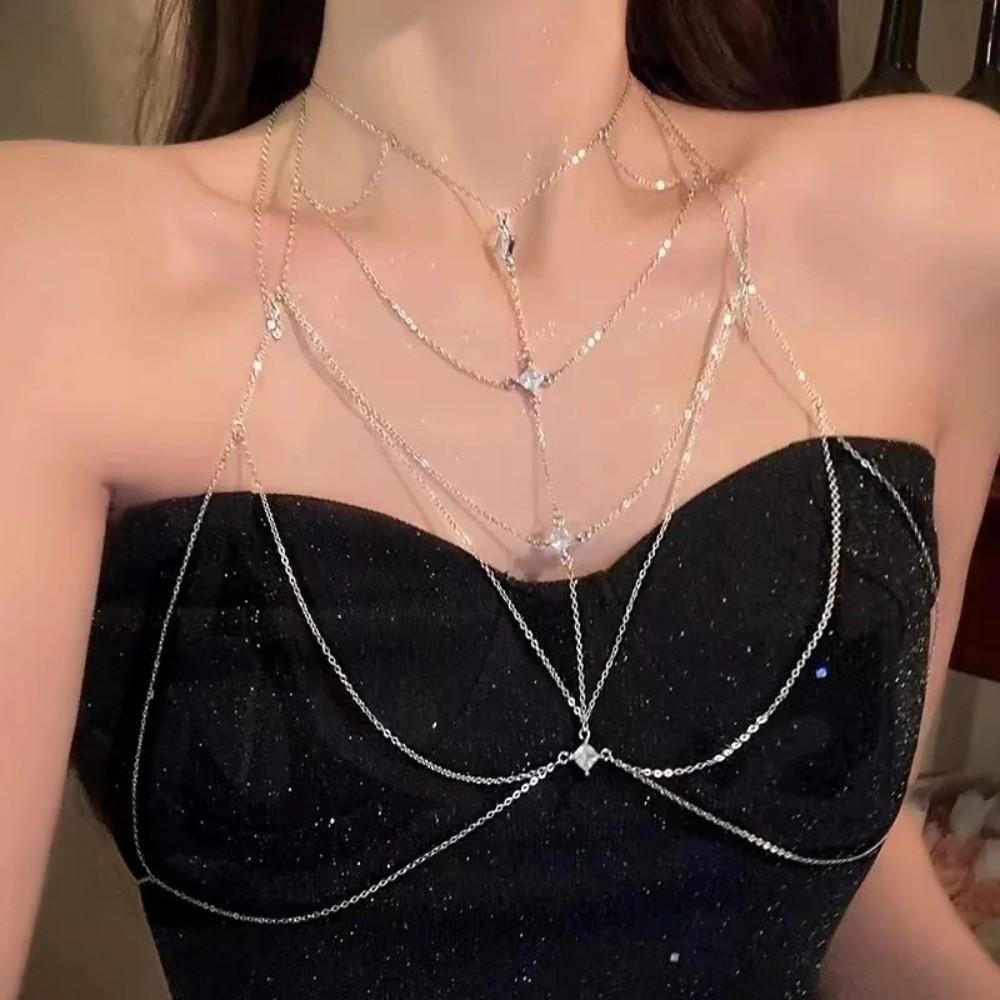 Body Jewelry Glitter Rhinestone Bust Chain Multilayer Luxury Bikini Chest Chain Sexy Trend Silver Body Chain Women