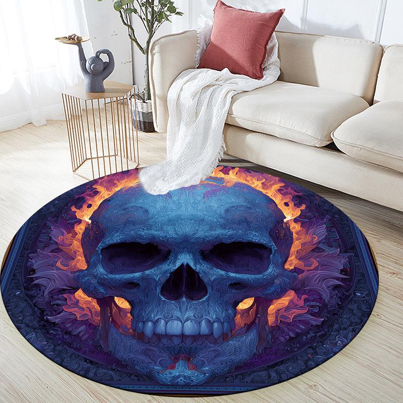 Flaming Skull,Round Area Rug,Carpet Rug for Living Room Bedroom Sofa Playroom Decor,Non-slip Floor Mat