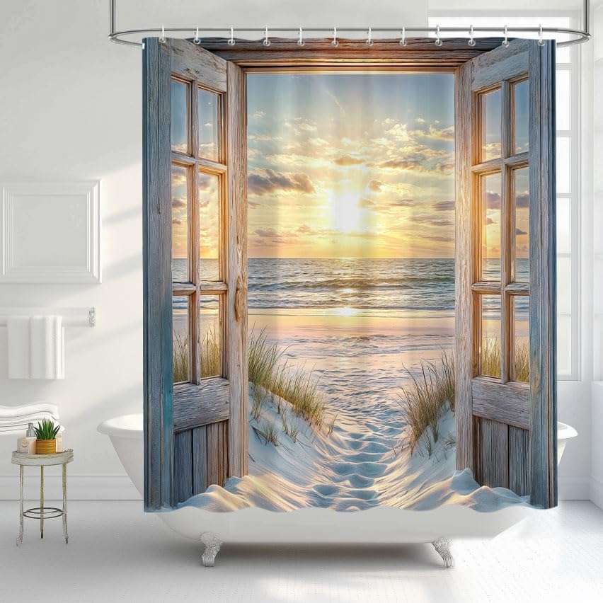 Coast Beach Shower Curtain, Blue Ocean Wave Hawaiian Sunset Ocean View Bathroom Boho Coastal Shower Curtain, Vintage Country