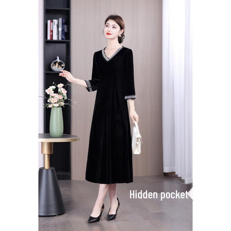 

Elegant V-Neck Mid-Length Dress for Women, Autumn/Winter Collection – Flattering X-Shape, Slimming, Loose Fit, Below-the-Knee Skirt 6XL (160-170 jin) чорний