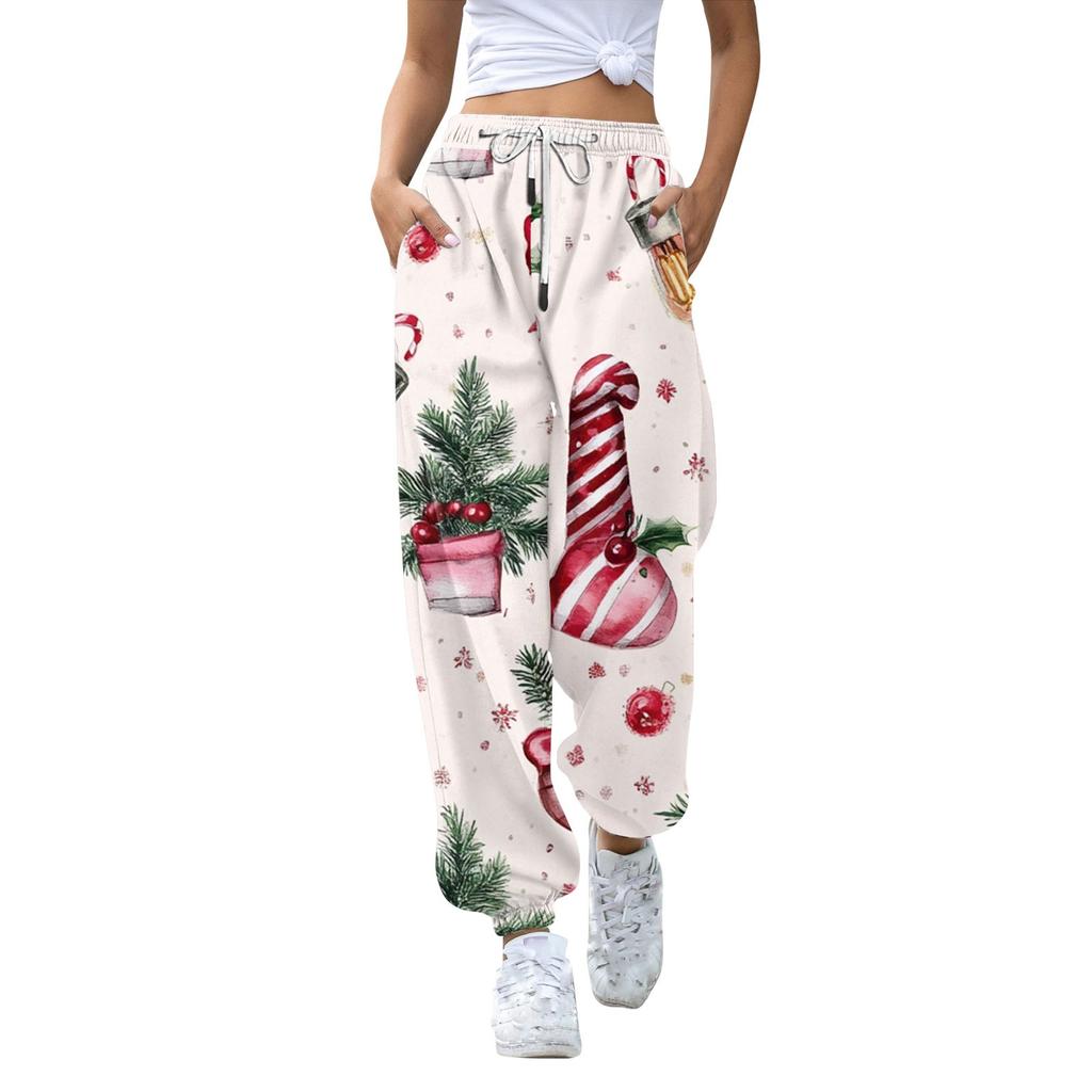 Women's High Waisted Sweatpants Christmas Print With Pockets Drawstring Trousers