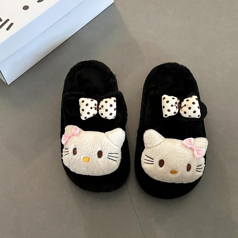 

Fashion cute and sweet KT cat fluffy slippers women s autumn and winter 2025 thick-bottomed velvet thermal cotton bag head slippers 35 чёрный
