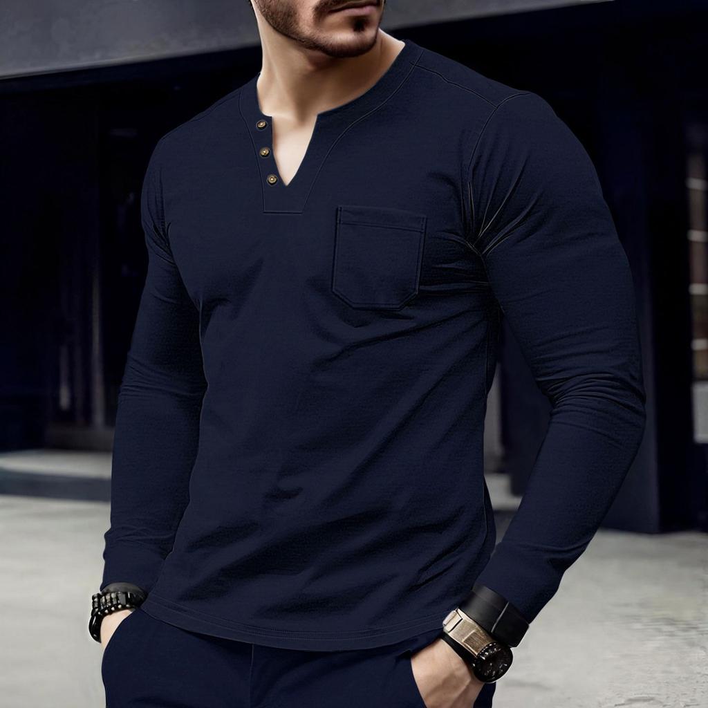 Men's Casual ,color Top, Men's Long,sleeved Button Pocket V,neck Top