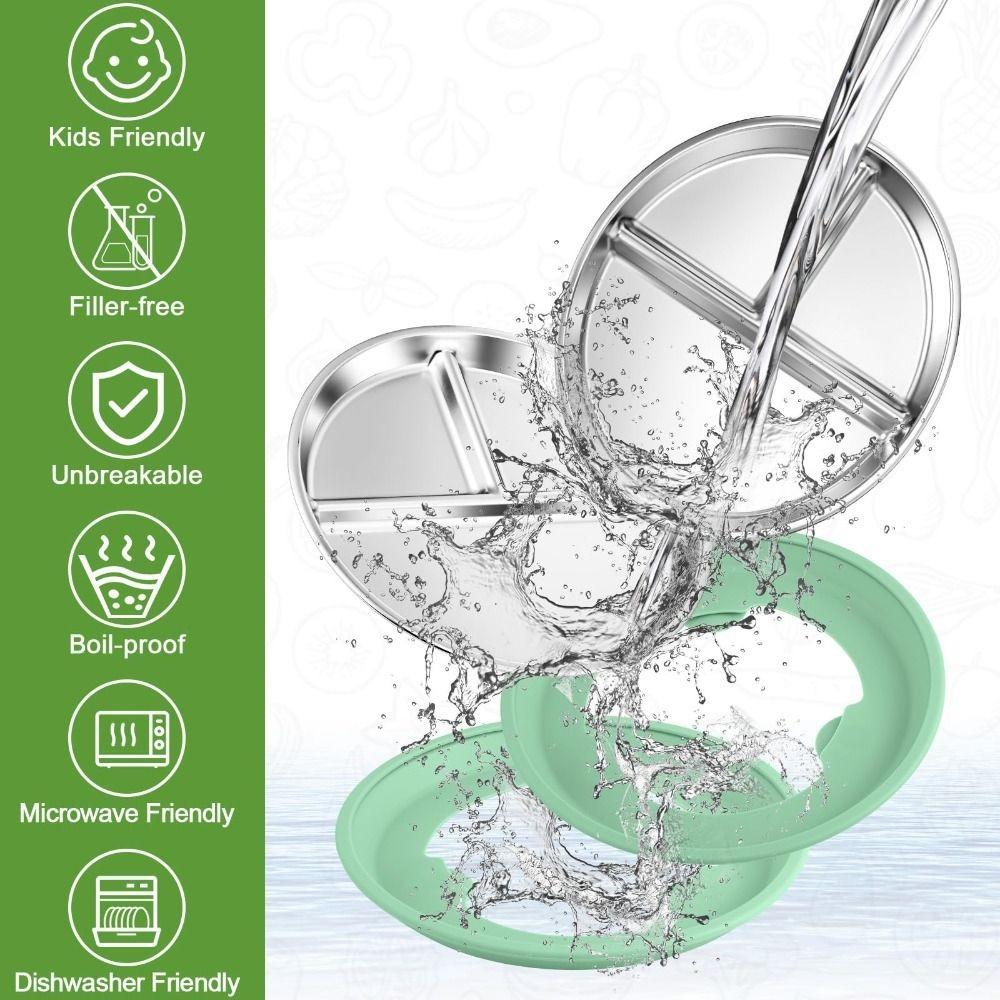 Non-Slip Stainless Steel Kids Plate Silicone Sleeves Toddler Bowls New Divided Baby Plates