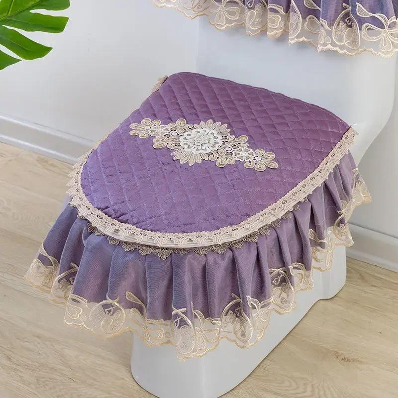 4 Season Purple Toilet Seat Cushion Velvet Lace Edge Toilet Pad Seat Set of 3 Pieces Seat Cushion Cover Zipper Style