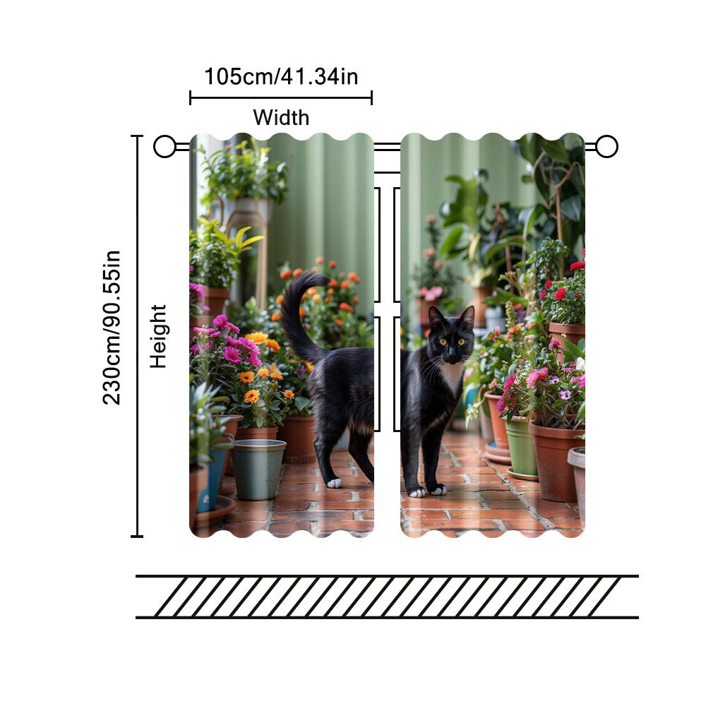 2 Pcs   Filtering Curtains (excluding Rods   Non-movable   Without Batteries) Anime-Inspired Black Cat and Houseplant for Use In