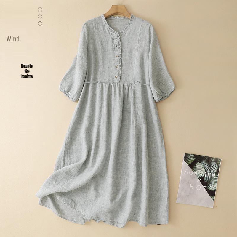 2025 Артистичное Ретро Длинное Хлопково-Льняное Платье с Семью Рукавами XXL серый/синий