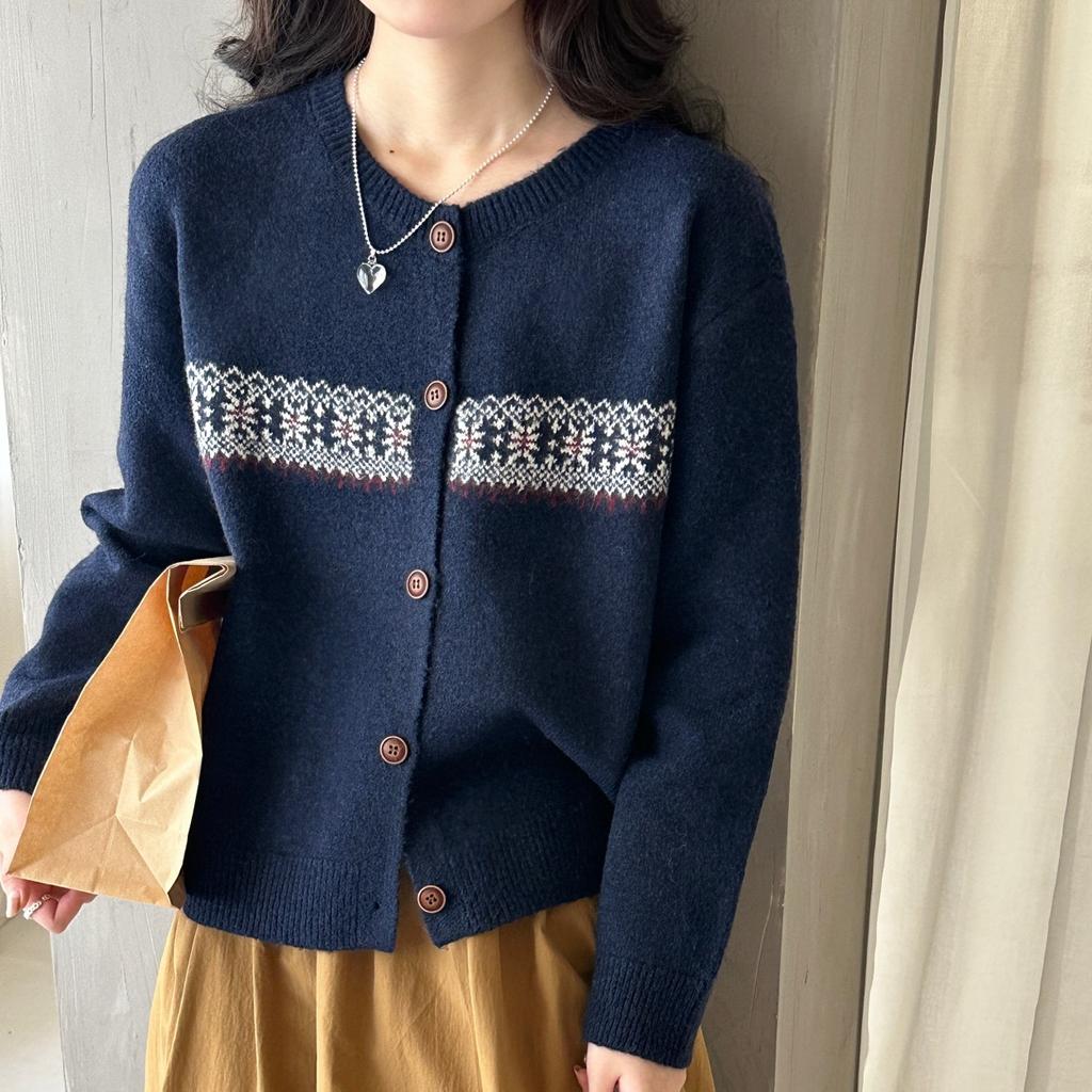 Autumn Winter Single-breasted Knitted Sweater Short Cardigan Jacket Loose Crew Neck Fashion Vintage Prined Sweaters Youth Women