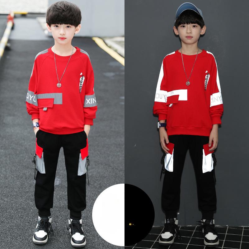 Children's Clothing Autumn Boys' Suits Korean Version of The Big Boys' Color Matching Luminous Long-sleeved Pullover Fashion Two-piece Suit
