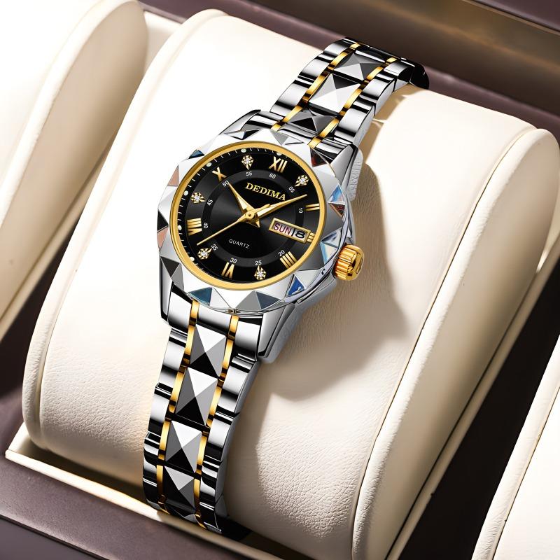 Top Brand New Fashion All-match Women's Diamond-encrusted Double Calendar Waterproof Luminous Watch Elegant Goddess Watch