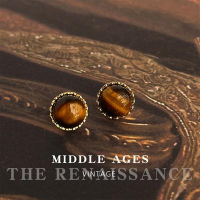 Round Tiger's Eye Stone Stud Earrings Retro French Earrings Temperament Niche Earrings