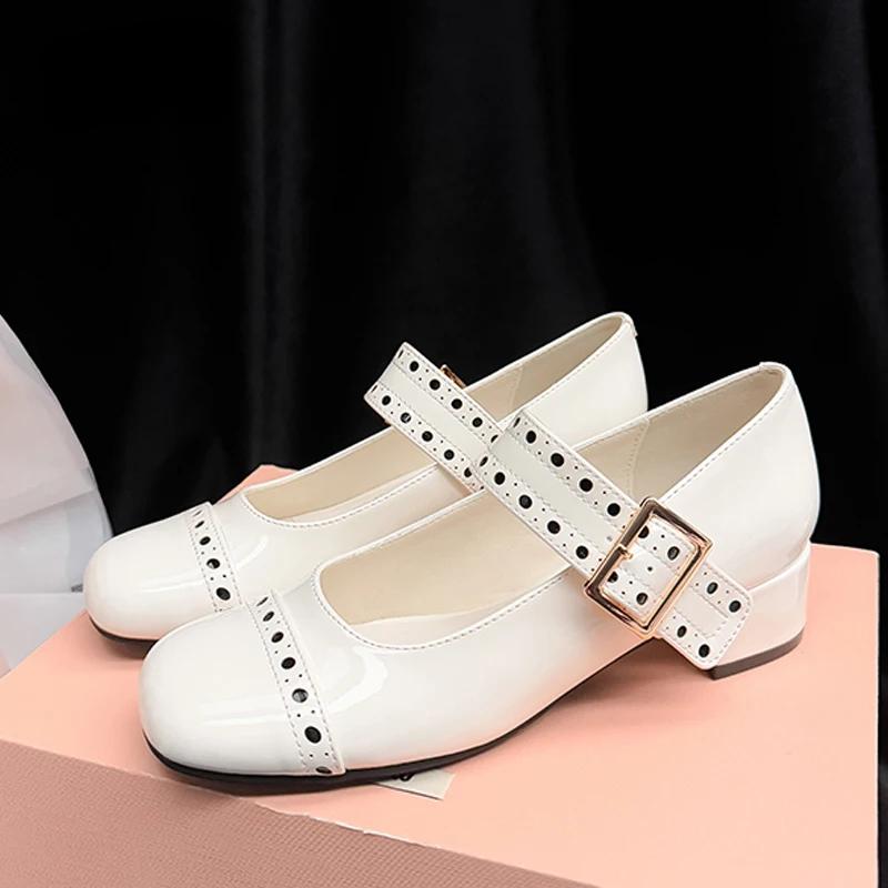 Fashion High Quality Patent Leather Woman Pumps Mary Jane Shoes Japanese Style Lolita Ankle Buckle Square Toe High Heels Zapatos Mujer