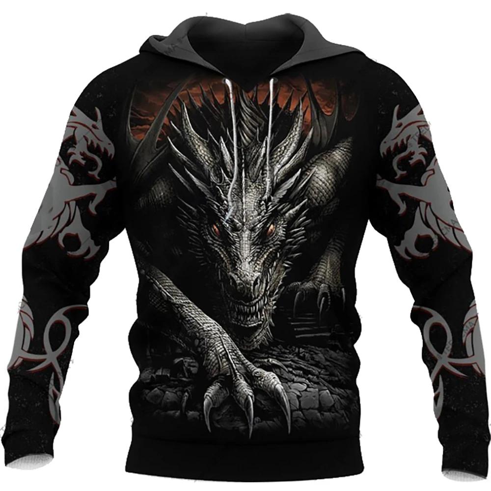 2026 Autumn/Winter Street Fashion Men's 3D Dragon Pattern Embroidered Hooded Sweatshirt for Hip-Hop Gothic Daily WearingUnisex Woman's