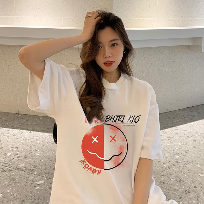 % Pure cotton summer dopamine wear loose medium and long personalized printed short-sleeved t-shirt for women and men M