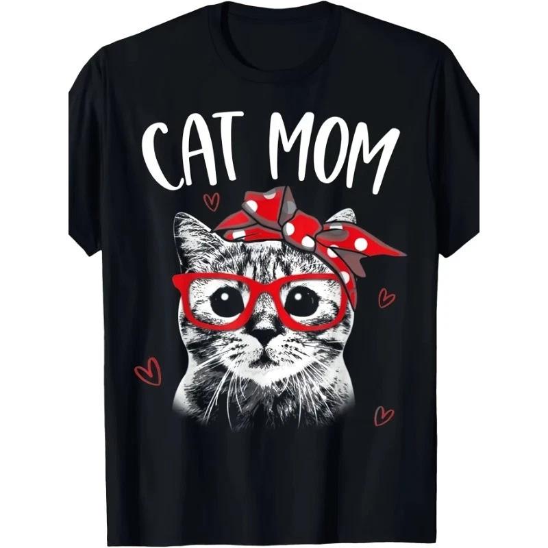 Cat Mom Graphic T-Shirt for Women Vintage Style Cat with Red Bow & Hearts Design L