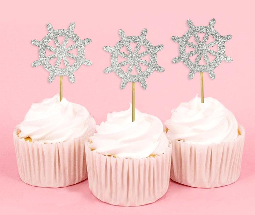Darling Souvenir| Ship Wheel Cupcake Toppers| Beach Wedding Party Dessert Decorations - Pack Of