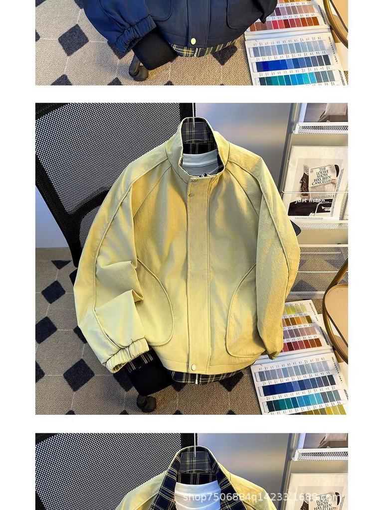 Men's 2025 Spring/Autumn Plaid Two-Piece Color Block Stand Collar Jacket - College Style Versatile Outerwear