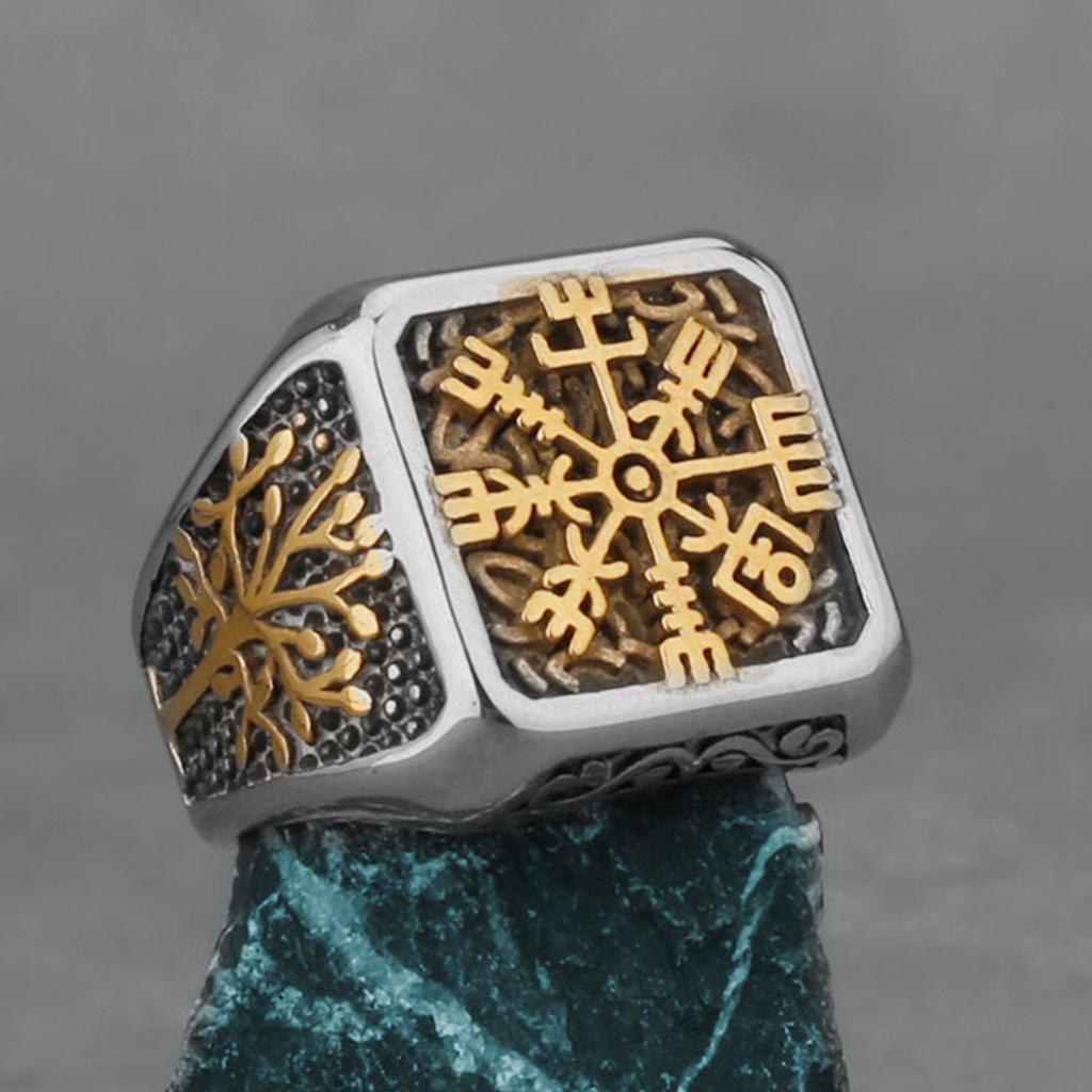 Nordischer Wikinger Edelstahlring mit Anker Kompass Lebensbaum Runen Amulett Wolf Design für Männer Frauen Biker Schmuck Geschenk