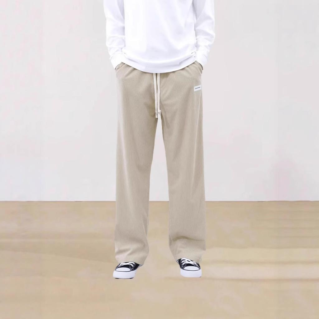 New solid color lace-up sweatpants simple straight men's casual pants corduroy ruffian handsome high-end wide-leg trousers