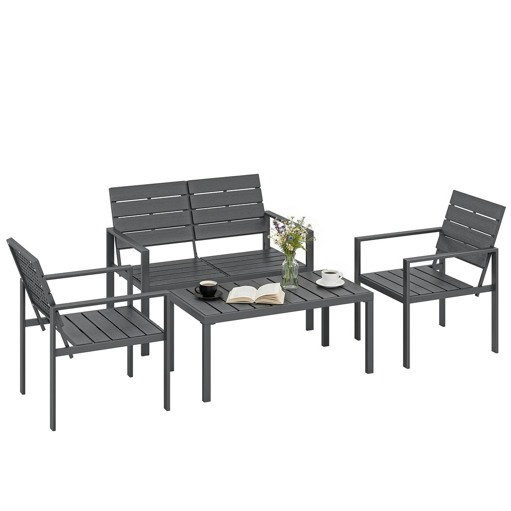 4 Piece Garden Furniture Set, Outdoor Sofa Set with HDPE Slatted Loveseat Armchairs Coffee Table Metal Frame, Dark Grey