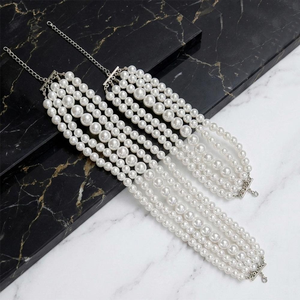 French multi-layer imitation pearl choker necklace bracelet 1-layer set, retro heavy industry collarbone chain bridal banquet girl