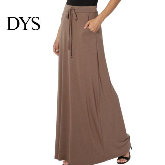 Long Skirt Women Maxi Adjustable Drawstring High-Waisted Solid Color Casual with Pockets Work