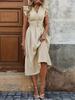 Elegant Wood Ear Sleeves Waistline Solid Color Dress for Women
