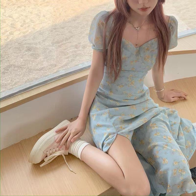 Coffee Break French Blue Bubble Sleeve Floral Dress Women's Summer New Sense First Love Sweet Split Dress Women's Clothing
