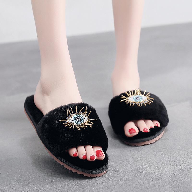 Fashion String Bead Cute Eye Cotton Slides Fashion Rabbit Plush Slippers Women Black Flip Flops Indoor Soft Sole Outside Pantuflas Danno