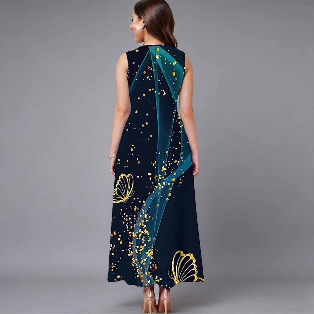 Plus Size Sleeveless Crew Neck Dress Fresh Wild Blossom Print Flowy Knee Length Outfit